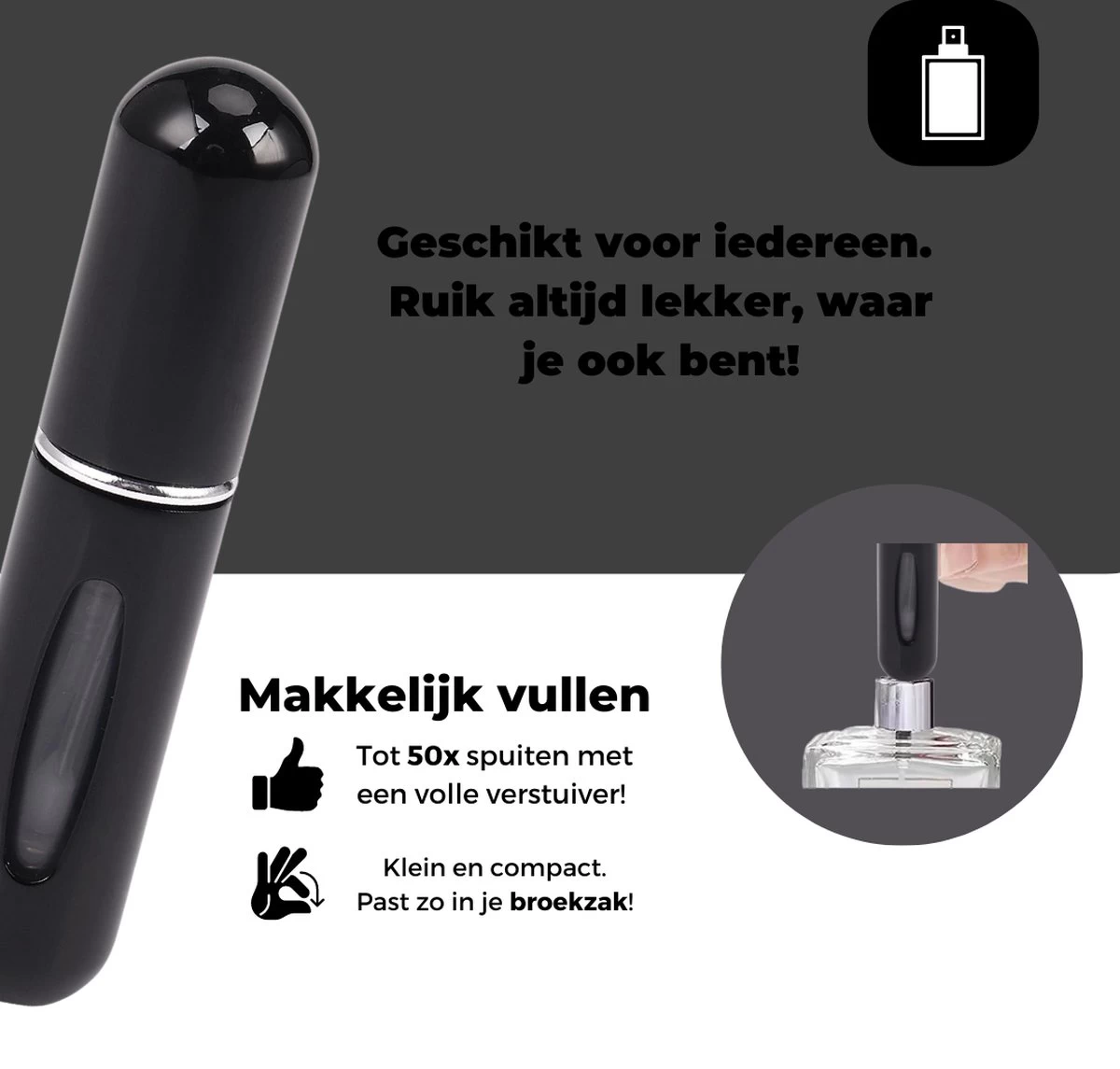 Cetins - Parfum Verstuiver Navulbaar - Mini Parfum Flesje - Reisflesje – Zwart 6 Cetins - Parfum Verstuiver Navulbaar - Mini Parfum Flesje - Reisflesje – Zwart - Afbeelding 6