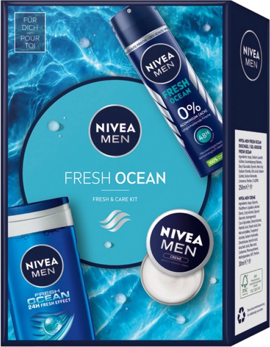 Nivea Men GP 'Fresh Ocean' Deo Fresh Ocean 150ml+ Fresh Care Kit Creme + Douche Gel 250ml - Mannen - Cadeau Geschenkverpakking - Geschenk Verzorging 1 Nivea Men GP 'Fresh Ocean' Deo Fresh Ocean 150ml+ Fresh Care Kit Creme + Douche Gel 250ml - Mannen - Cadeau Geschenkverpakking - Geschenk Verzorging